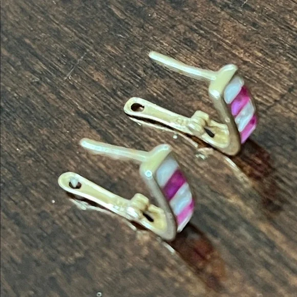 14k Yellow Gold Kids Small Earrings with Pink Gem Accents - Picture 6 of 14